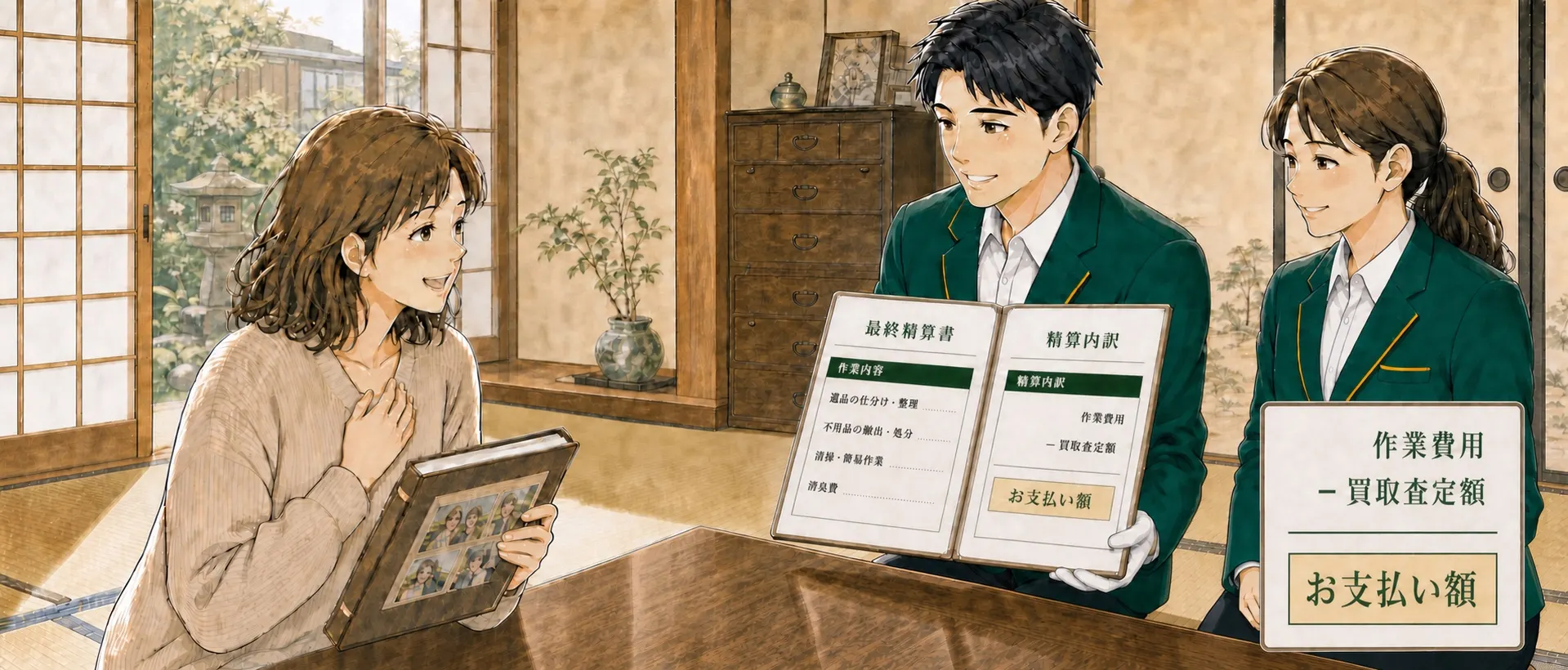 片づいた実家で、作業費用から買取査定額を差し引いたお支払い額の内訳を確認するみさき